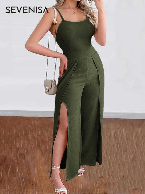 Women's Solid Backless Split Thigh Cami Jumpsuit, Casual Adjustable Strap Tie Back Jumpsuit for Summer, Women's Clothing for Daily Wear